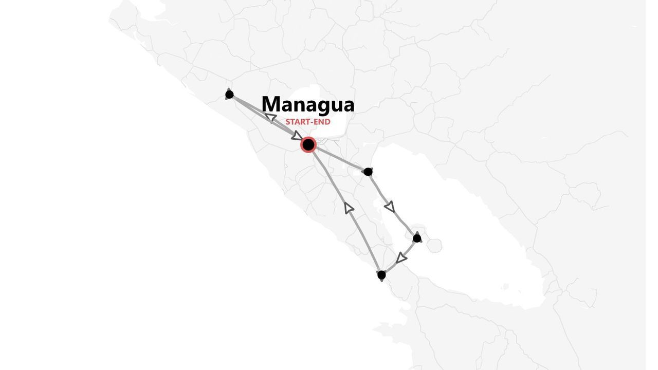 Mappa di un itinerario di viaggio in Nicaragua, con inizio e fine a Managua.