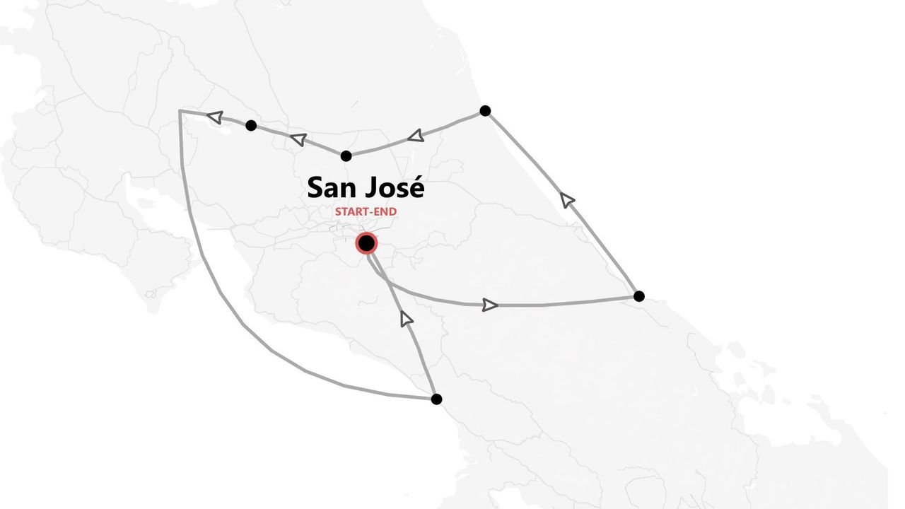 Une carte simplifiée montrant un itinéraire de circuit qui commence et se termine à San José, avec plusieurs arrêts le long du parcours.