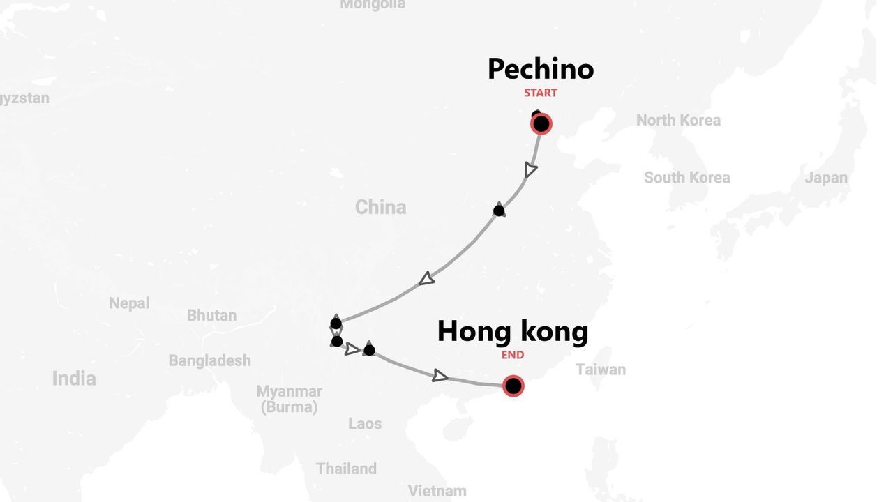Una mappa di un itinerario di viaggio attraverso la Cina, con partenza da Pechino e arrivo a Hong Kong.