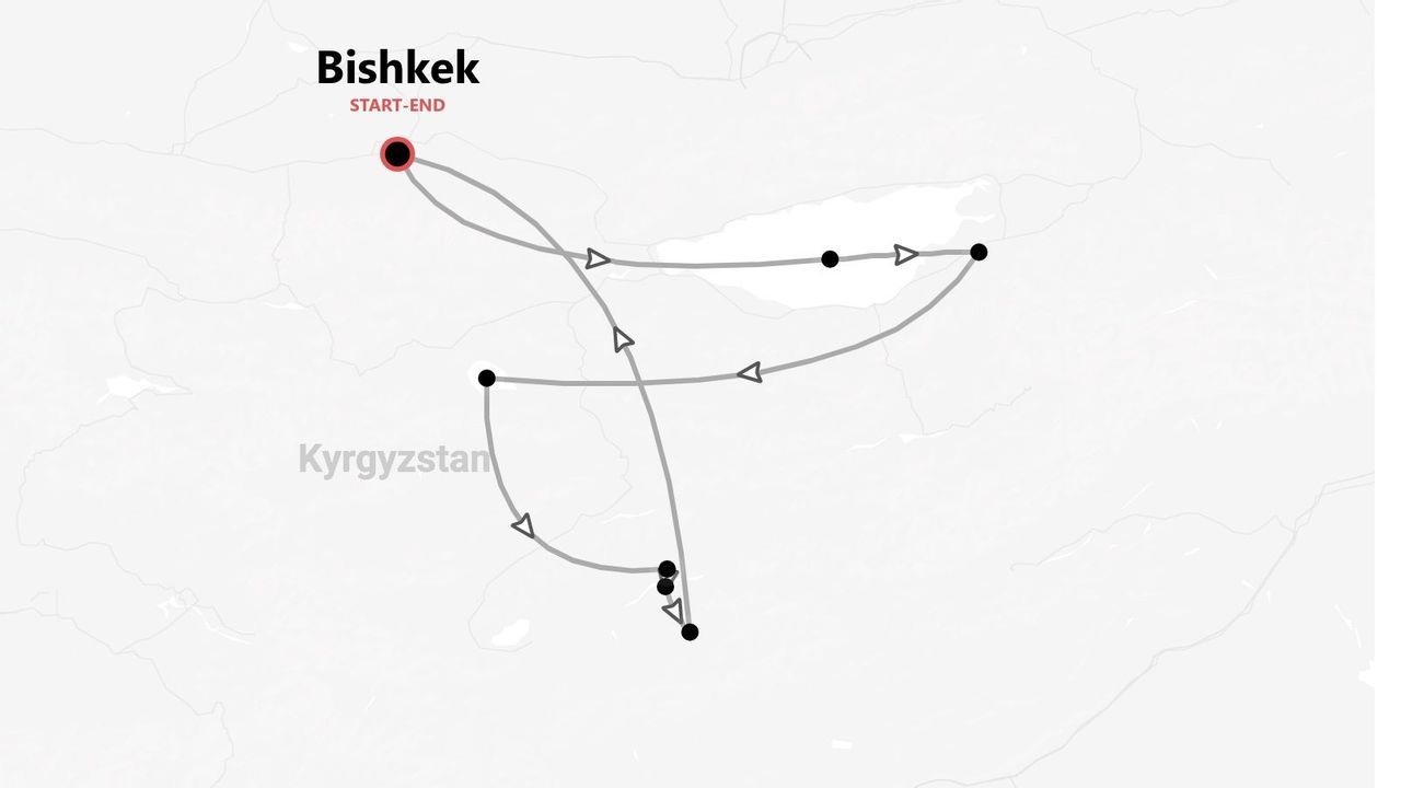 Una mappa di un itinerario di viaggio in Kirghizistan, con partenza e arrivo nella città di Bishkek, con diverse tappe lungo il percorso.