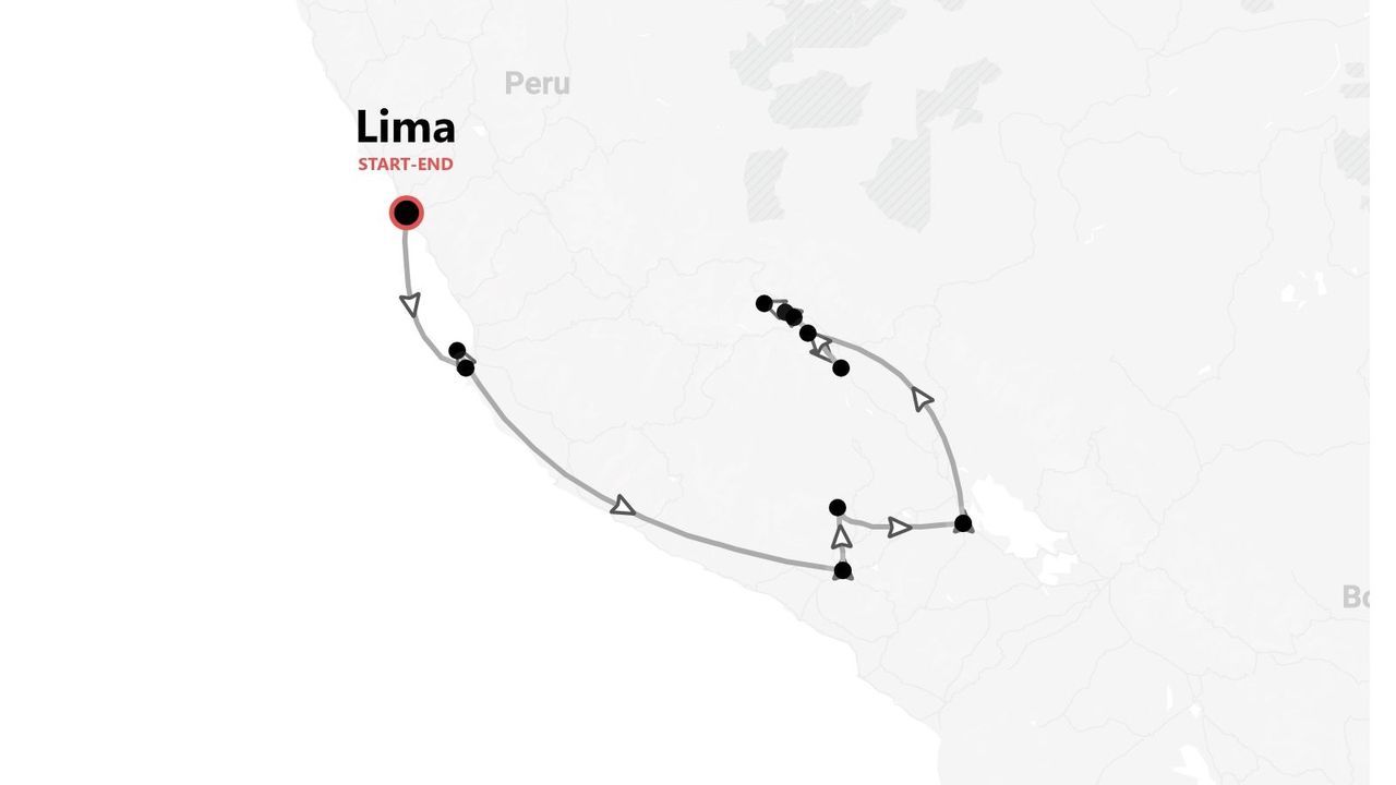 Eine stilisierte Karte, die eine Reiseroute durch Peru zeigt, beginnend und endend in Lima.