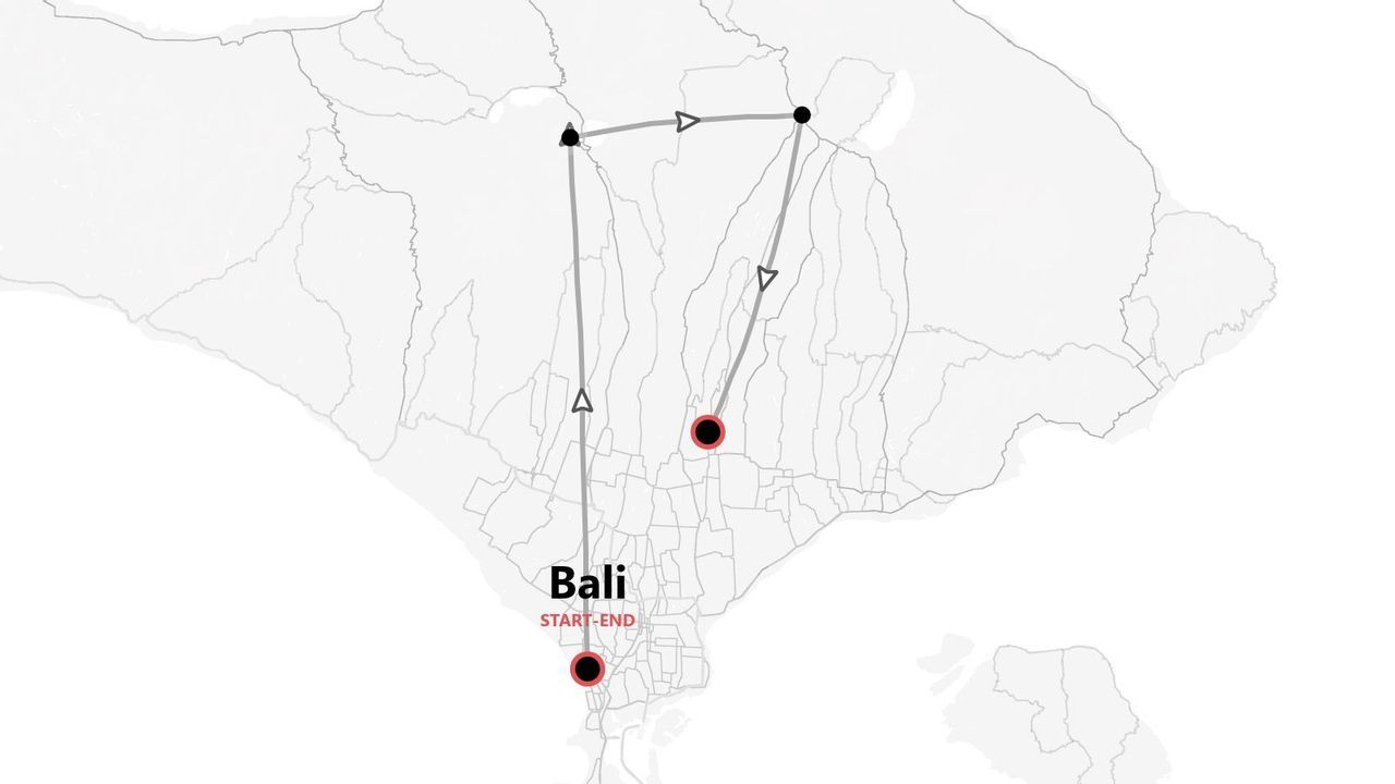 Mappa stilizzata di Bali con itinerario di viaggio e tappe segnate, che inizia e finisce sull'isola.