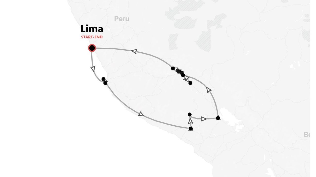 A map of a travel itinerary in Peru, showing a loop route that starts and ends in Lima.