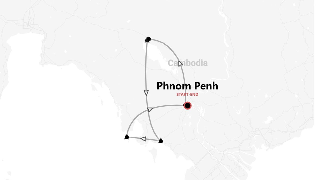Carte d'un circuit au Cambodge, avec départ et arrivée à Phnom Penh.