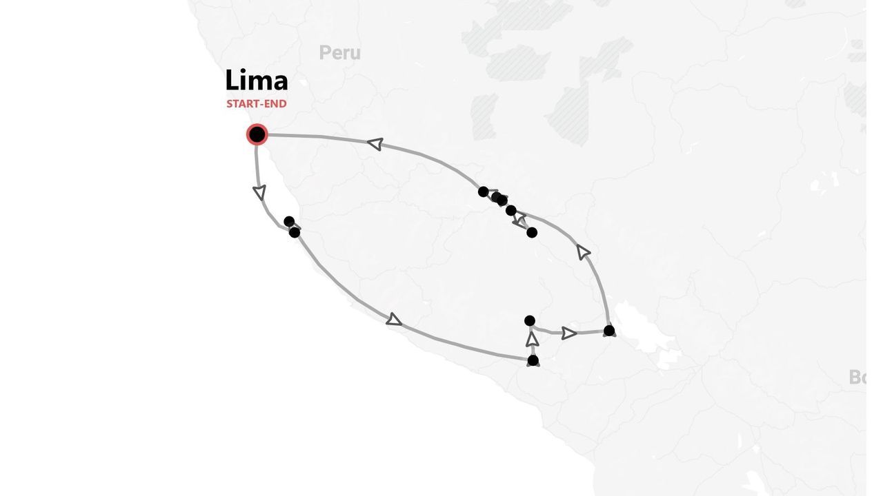 Carte d'un circuit de voyage circulaire au Pérou, avec Lima comme point de départ et d'arrivée.