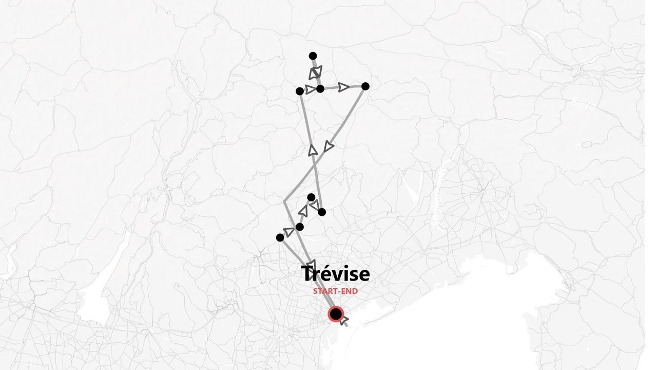 Carte stylisée d'un itinéraire de voyage avec plusieurs étapes, débutant et se terminant à Trévise.