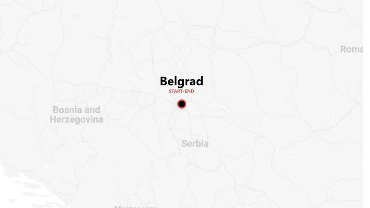 Eine Karte, die Belgrad, Serbien, als Start- und Endpunkt einer Reiseroute markiert.
