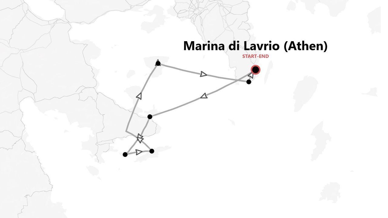 Eine Karte mit einer Reiseroute, die an der Marina di Lavrio (Athen) beginnt und endet und mehrere nahegelegene Inseln miteinander verbindet.