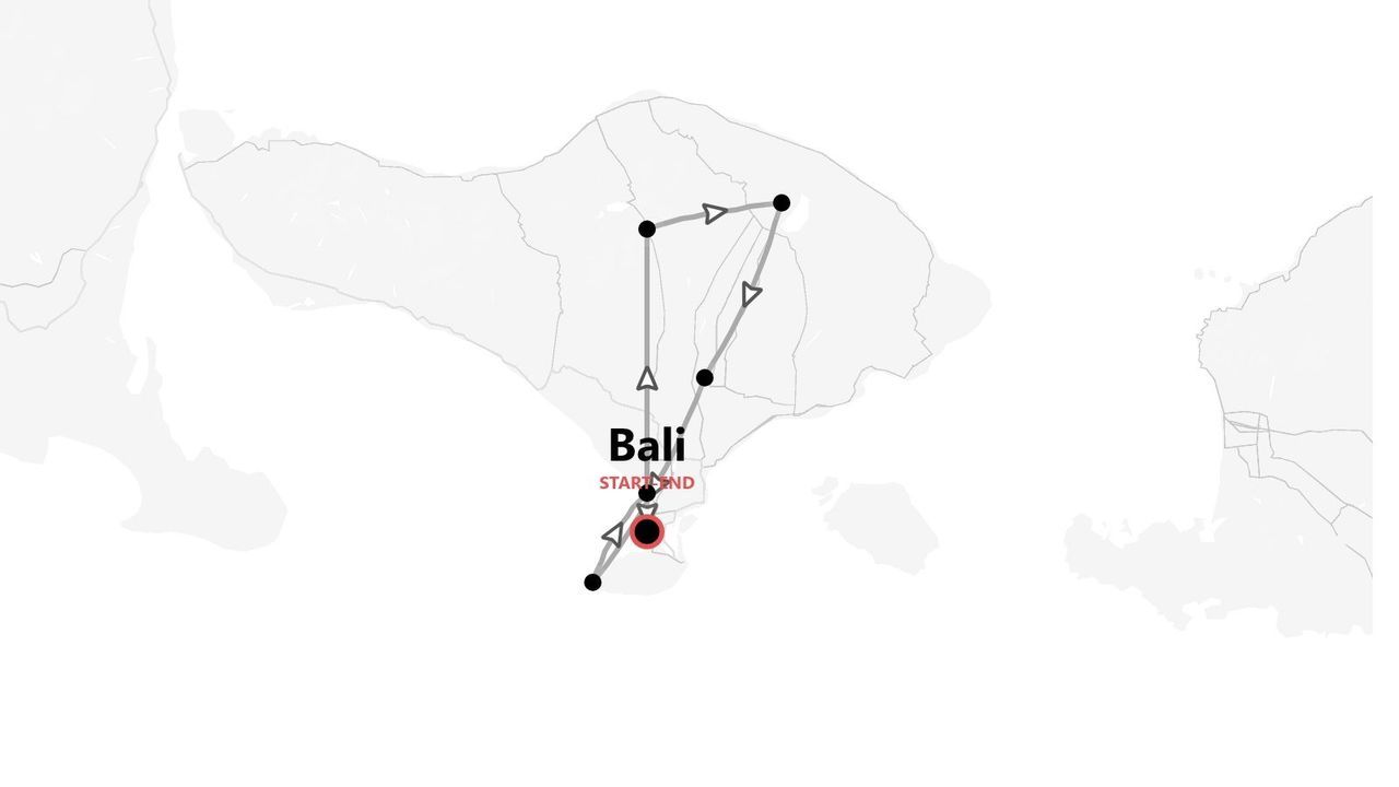 Una mappa minimalista che mostra un itinerario di viaggio attraverso l'isola di Bali, con un punto di inizio e fine.