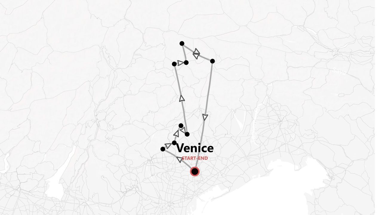 A minimalist map showing a travel itinerary starting and ending in Venice, marked with a looping line and waypoints.