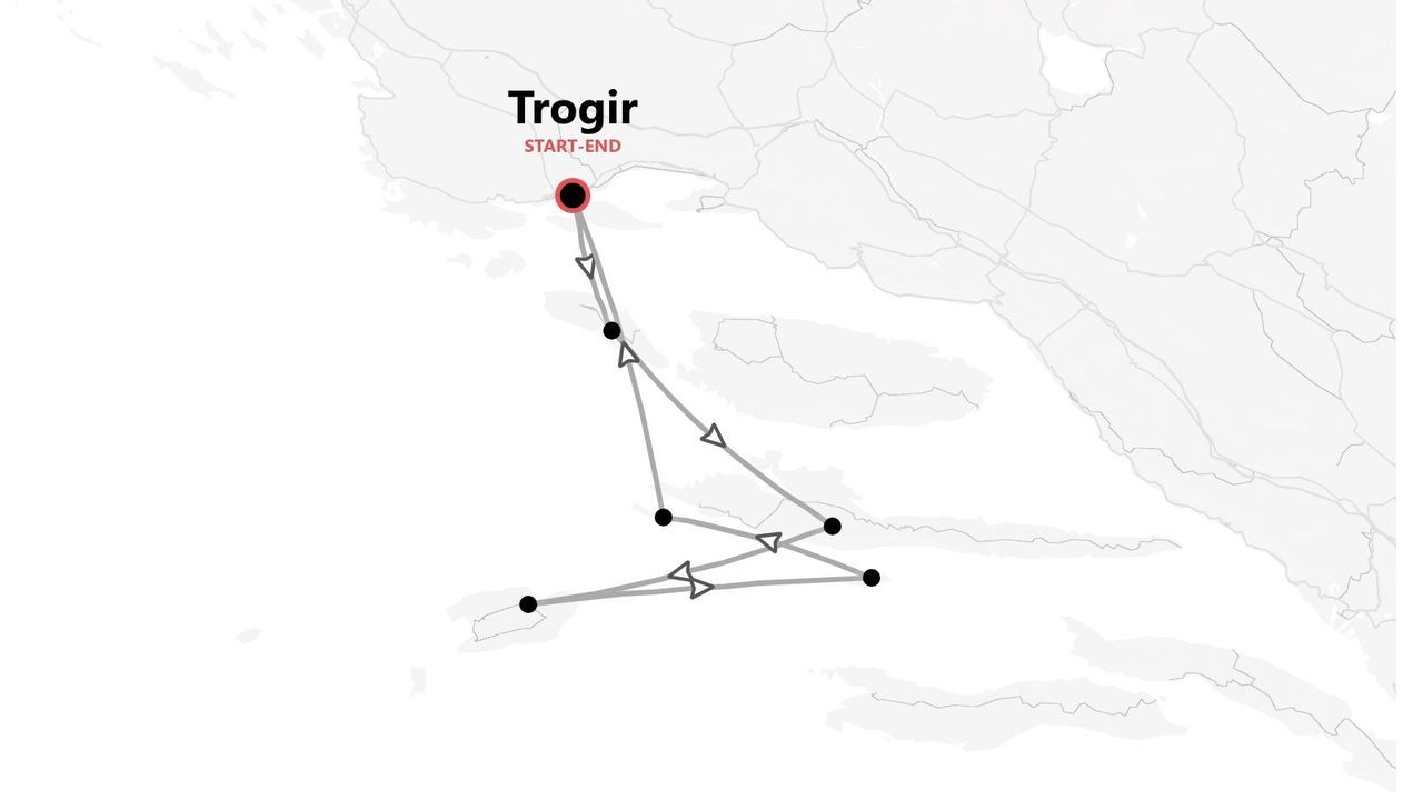 Reiseroutenkarte einer Rundreise mit mehreren Stopps, Start und Ziel in Trogir.