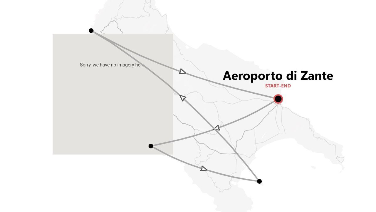 Una mappa stilizzata che illustra un itinerario di viaggio che inizia e finisce all'Aeroporto di Zante, con diversi punti collegati da linee.