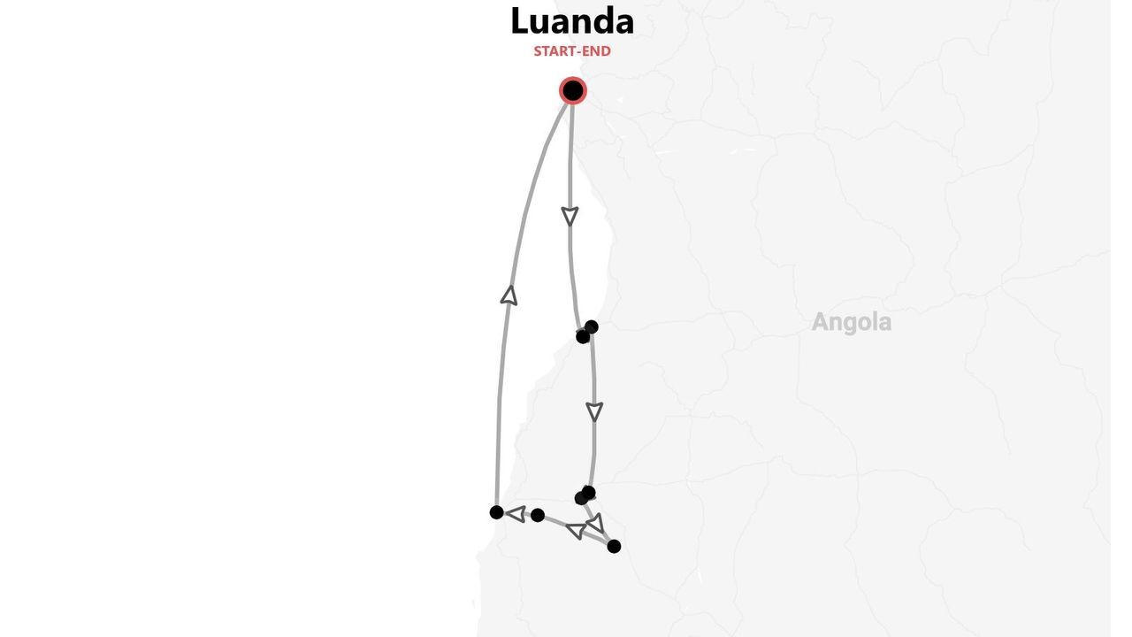 Mappa di un itinerario turistico in Angola, con Luanda come punto di partenza e di arrivo.