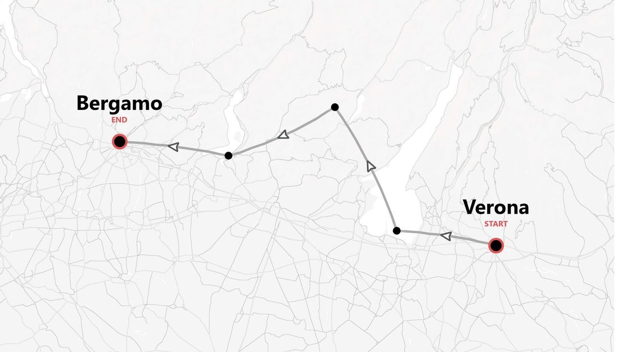 Mappa che mostra un itinerario di viaggio da Verona a Bergamo.