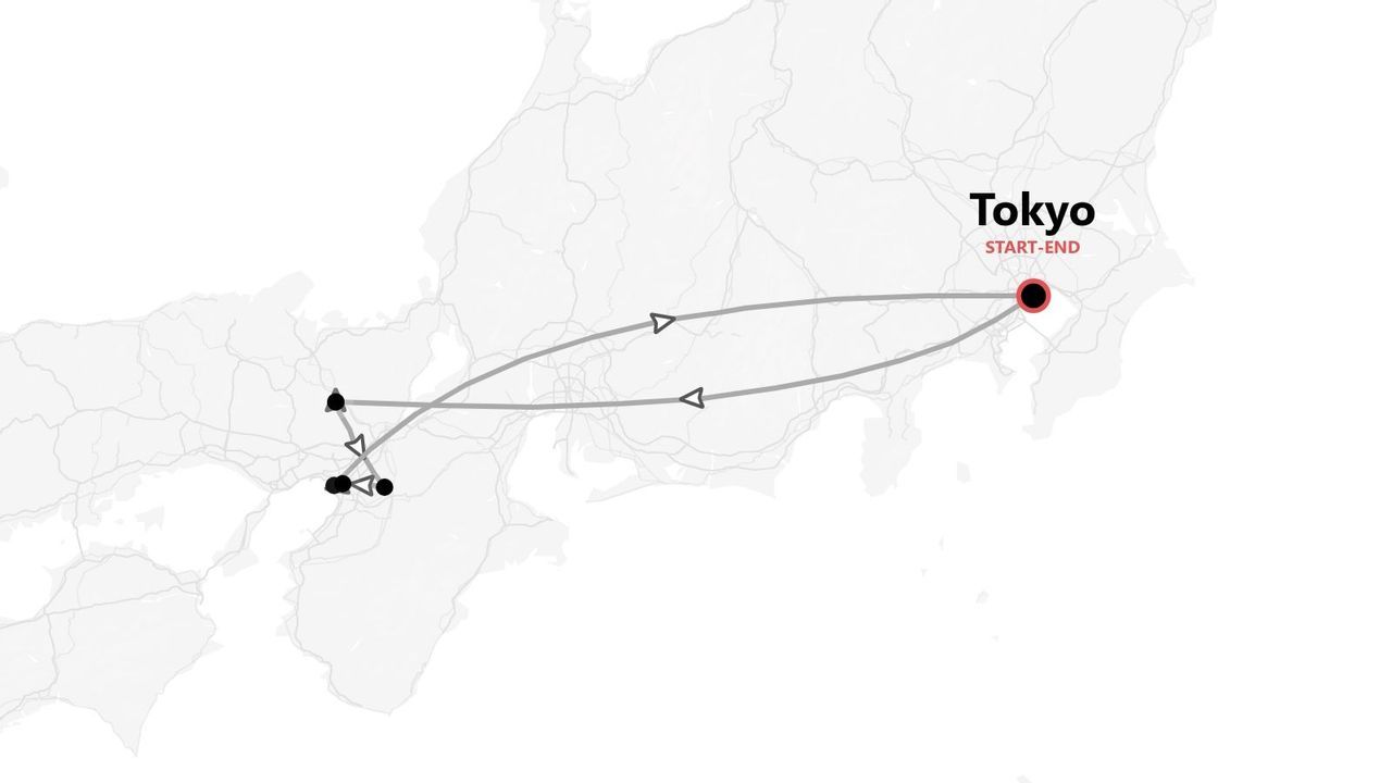 Mappa del Giappone con itinerario di viaggio circolare con partenza e arrivo a Tokyo.