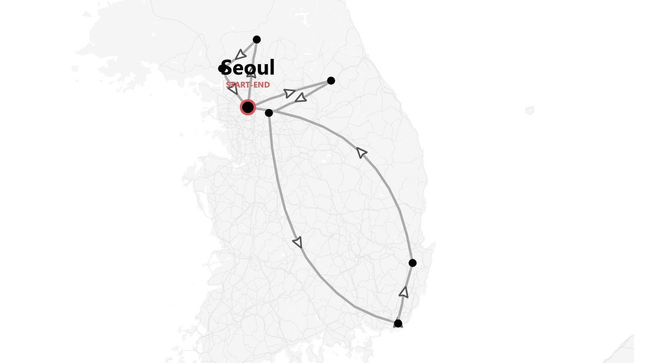 Una mappa della Corea del Sud che mostra un itinerario di viaggio circolare che inizia e finisce a Seul, con diverse tappe indicate lungo il percorso.