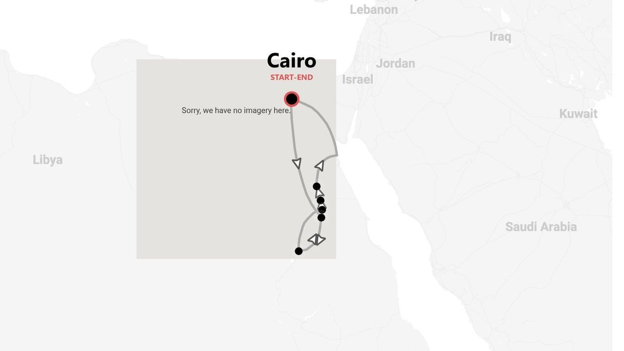 A map showing a tour itinerary in Egypt, starting and ending in Cairo, with several stops along a southern route.