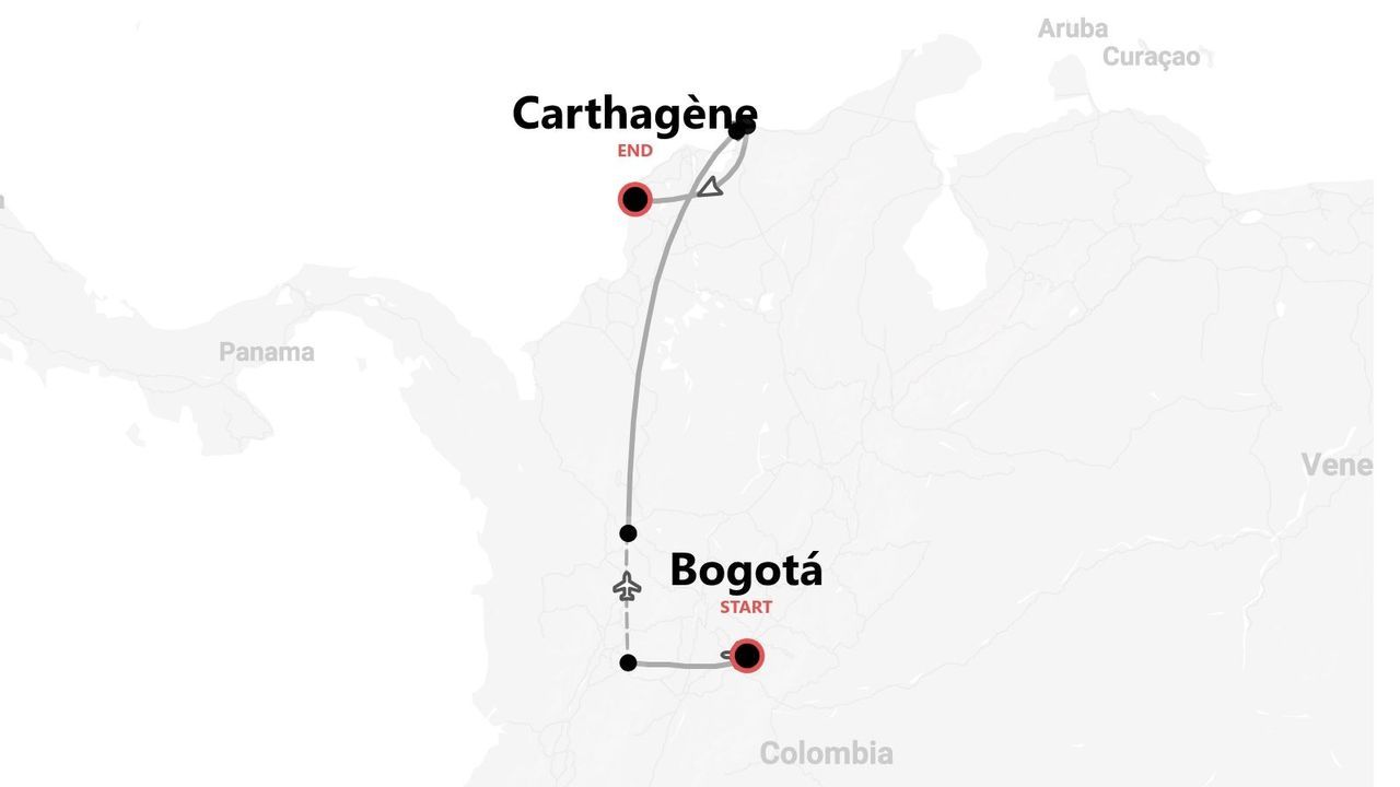Itinéraire de voyage en Colombie, de Bogotá à Carthagène, avec un vol inclus.