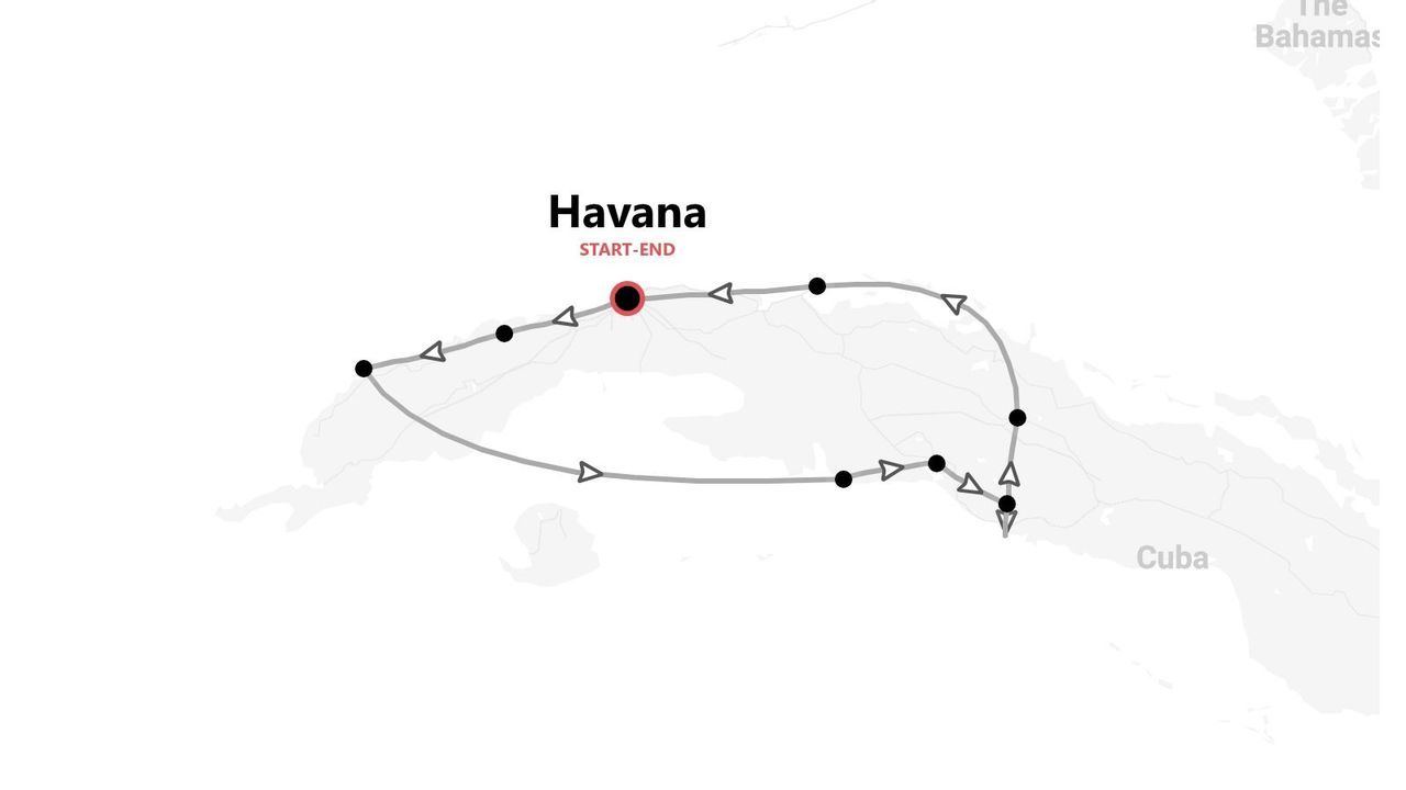 Une carte montrant un itinéraire de voyage à travers Cuba, commençant et se terminant dans la ville de La Havane.