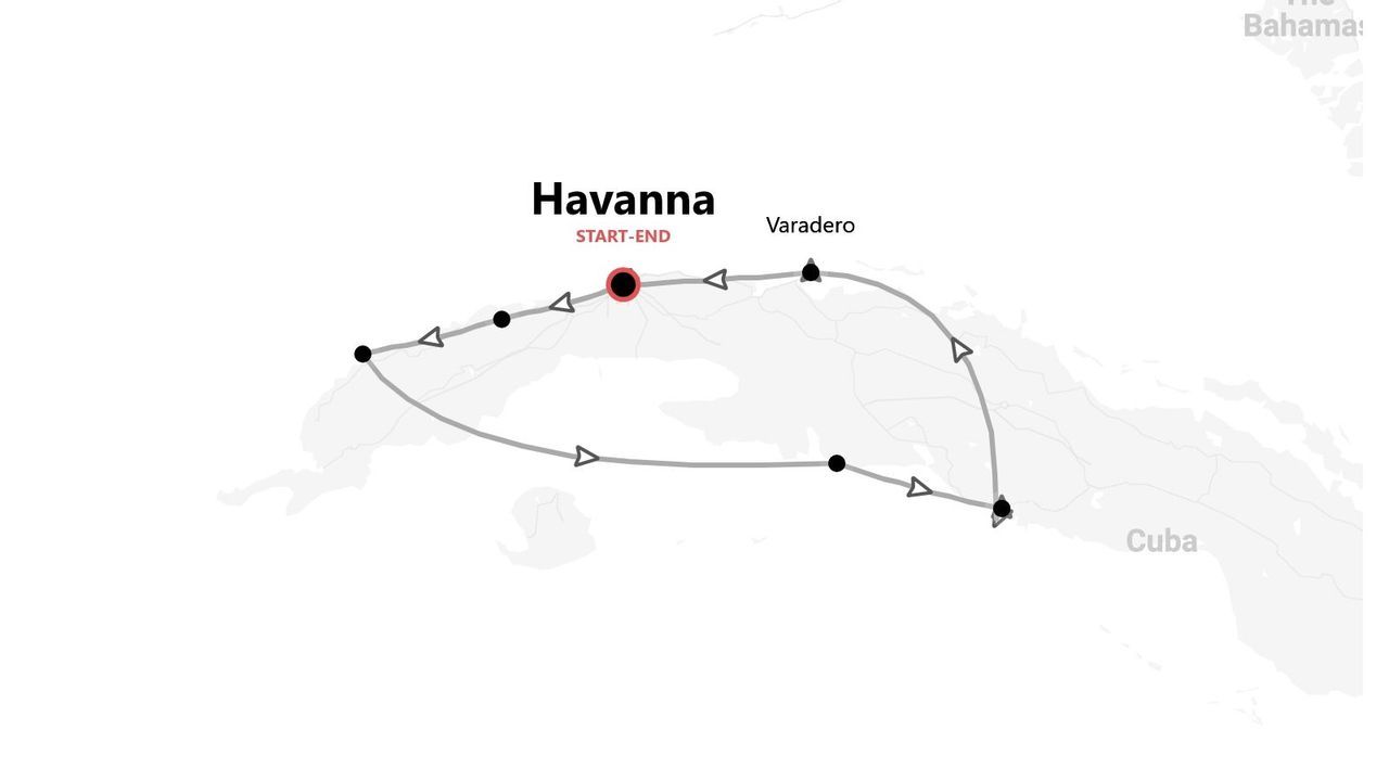 Eine Karte mit einer Reiseroute für Kuba, die in Havanna beginnt und endet und über Varadero führt.