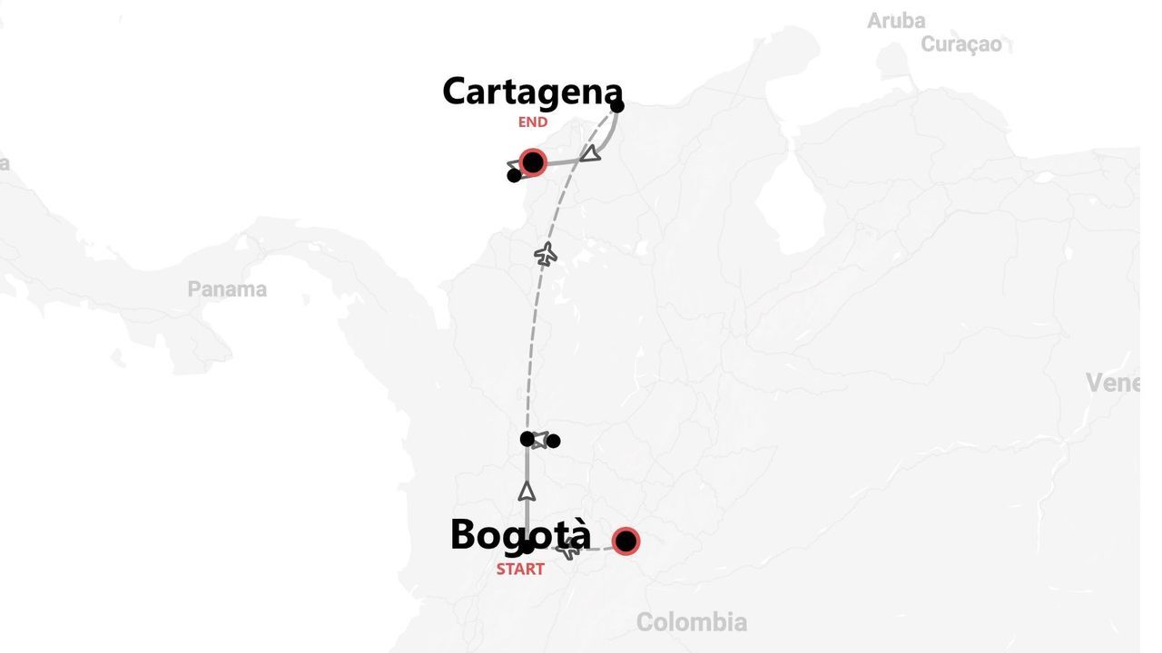 Eine Karte einer Reiseroute durch Kolumbien, die den Reiseweg von Bogotá nach Cartagena zeigt.
