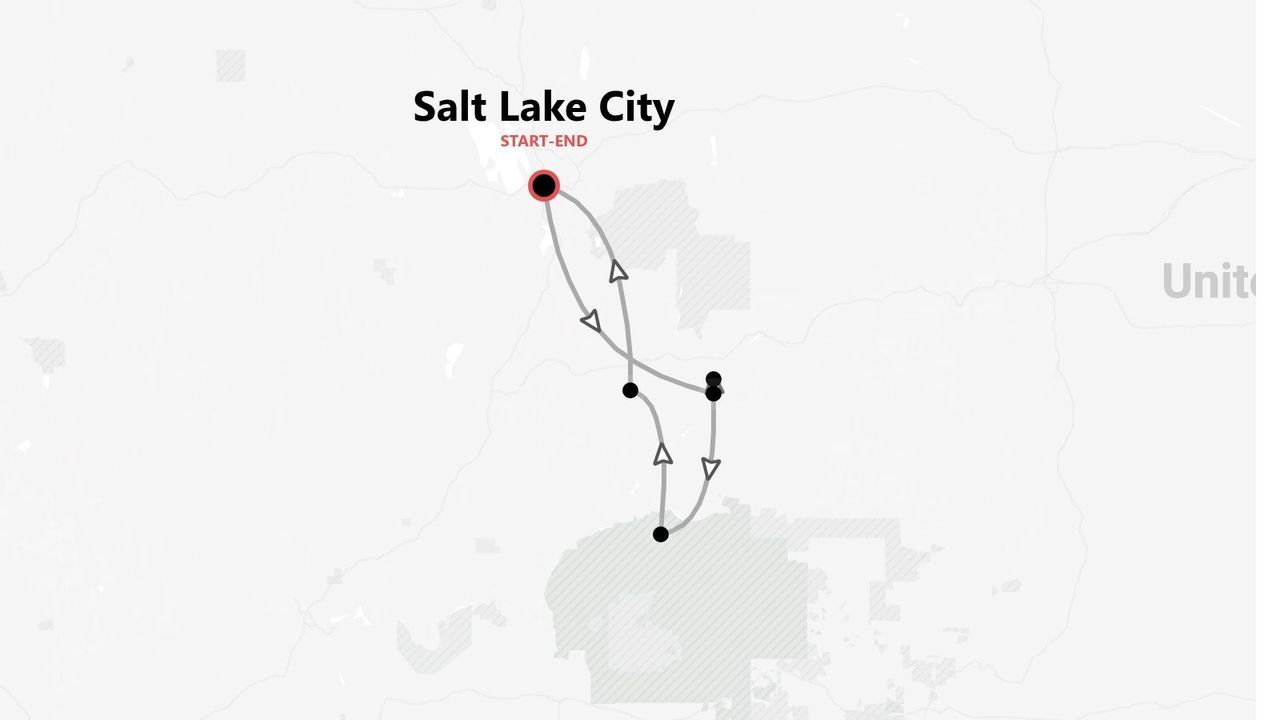 A map showing a tour itinerary that starts and ends in Salt Lake City, with waypoints along the circular route.