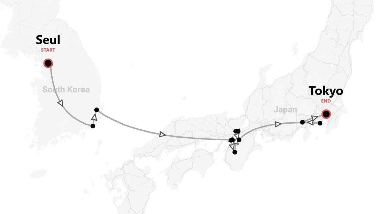 Mappa di un itinerario di viaggio da Seul a Tokyo.