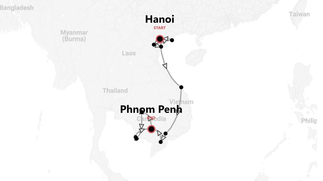 Una mappa che mostra un itinerario di viaggio attraverso Vietnam e Cambogia, con partenza da Hanoi e arrivo vicino a Phnom Penh.