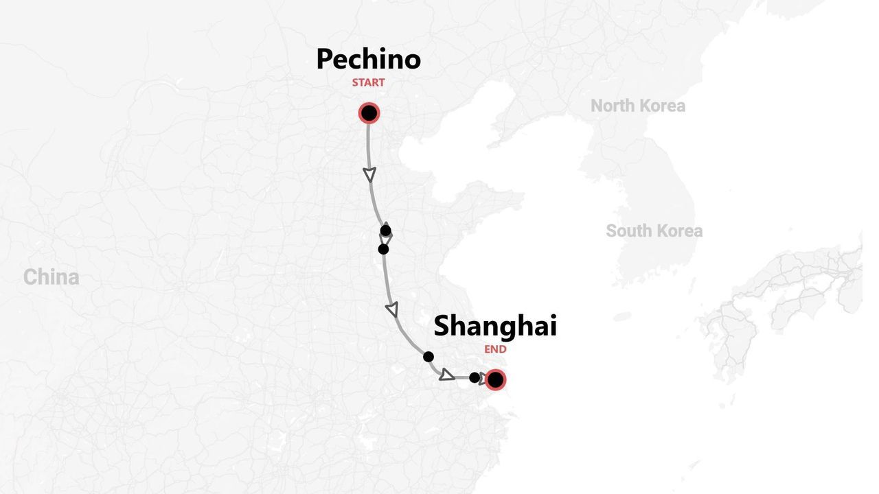 Mappa di un itinerario di viaggio in Cina, da Pechino a Shanghai.