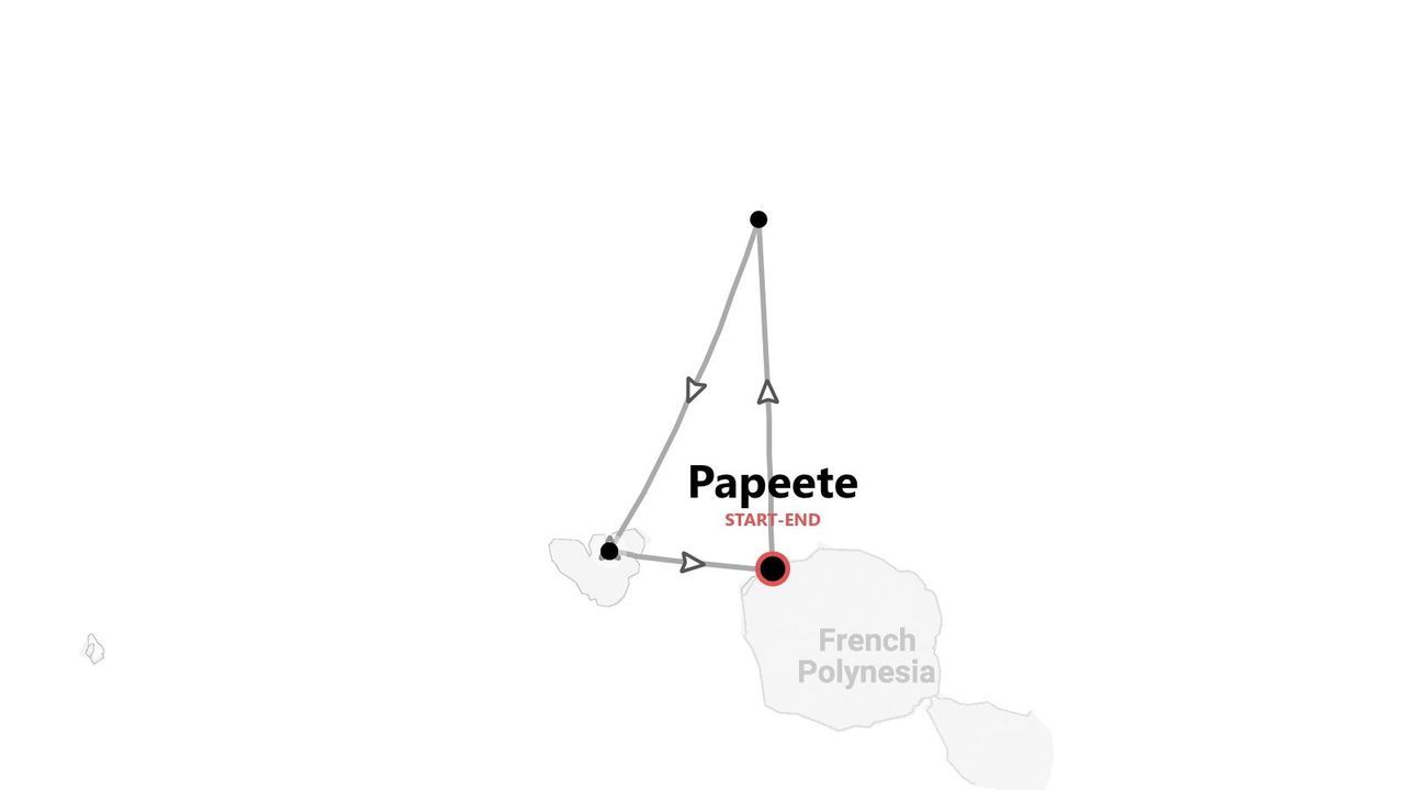 Una mappa che illustra un itinerario di viaggio in Polinesia Francese, con partenza e arrivo a Papeete e che collega diverse isole.