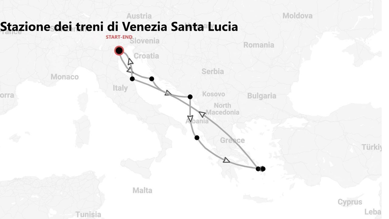 Mappa di un itinerario di viaggio con partenza e arrivo a Venezia, Italia, con un percorso mostrato attraverso i Balcani e la Grecia.