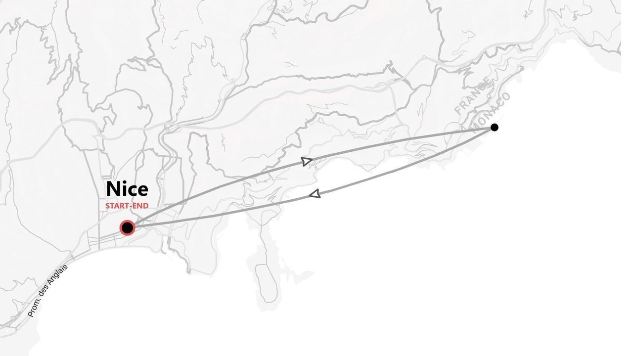 A stylized map showing a round-trip travel route starting and ending in Nice, France, with a stop in Monaco.