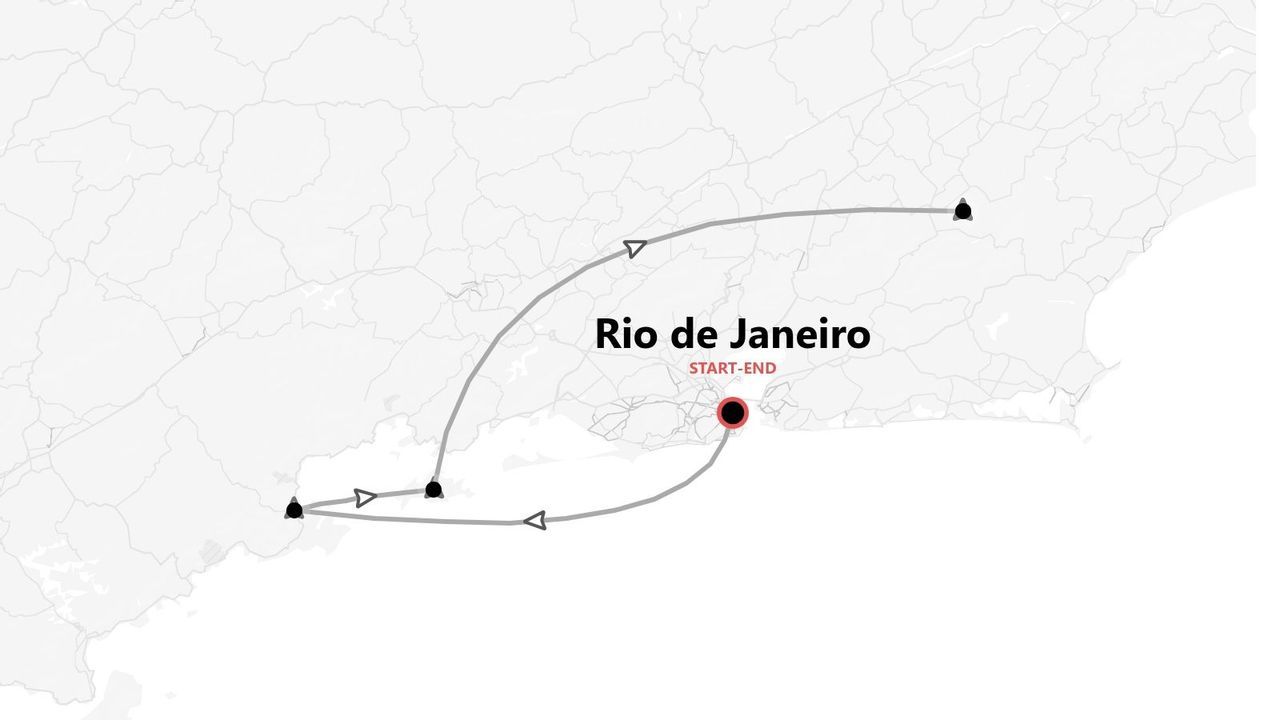 A map displaying a travel itinerary that starts and ends in Rio de Janeiro, with waypoints marking the circular route.