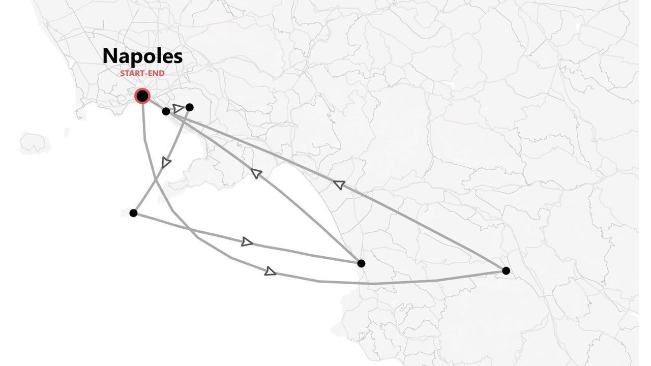 Un mapa estilizado que muestra un itinerario de viaje que empieza y termina en Nápoles, con paradas conectadas a lo largo de la ruta.