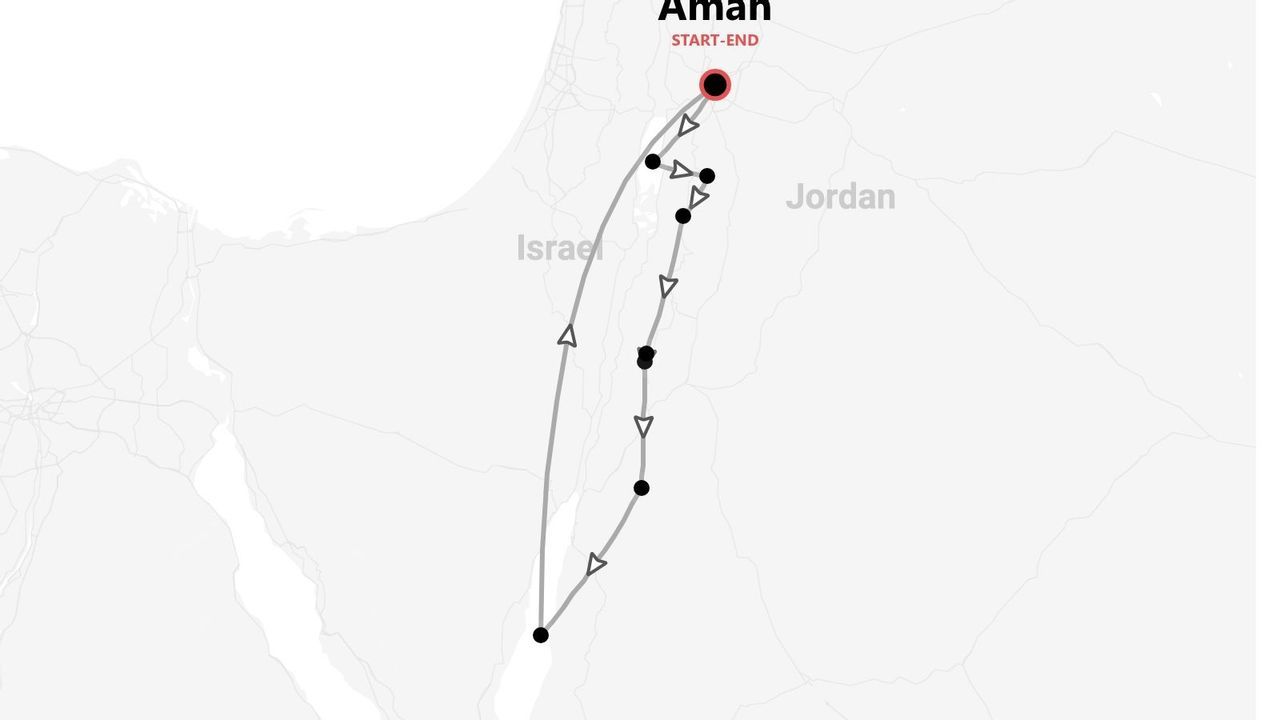 Mapa de un recorrido circular por Jordania e Israel, con inicio y fin en Ammán.