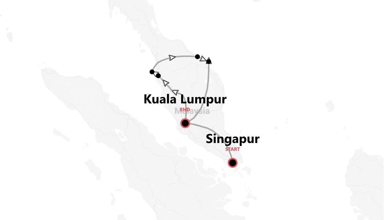 Un mapa que muestra un itinerario de viaje que comienza en Singapur y termina en Kuala Lumpur, Malasia, con varias paradas en el camino.