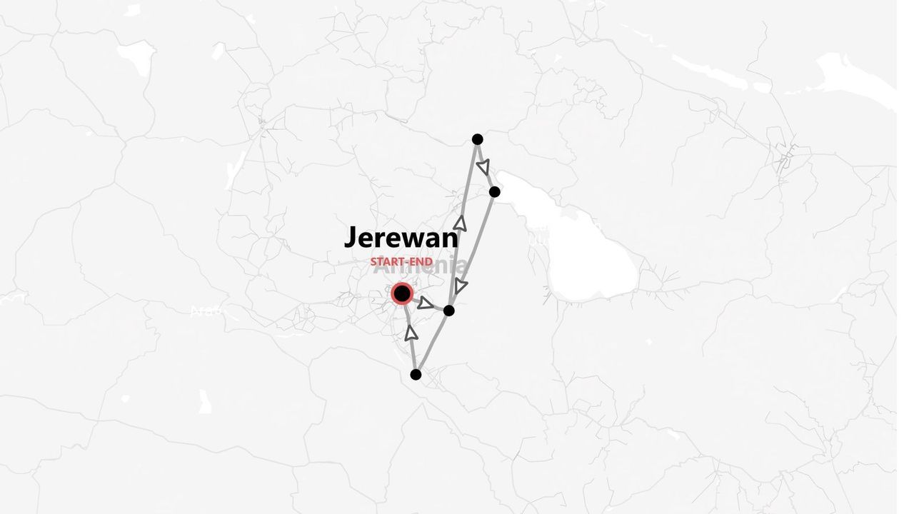 Karte einer Rundreise durch Armenien, Start und Ziel in Jerewan.