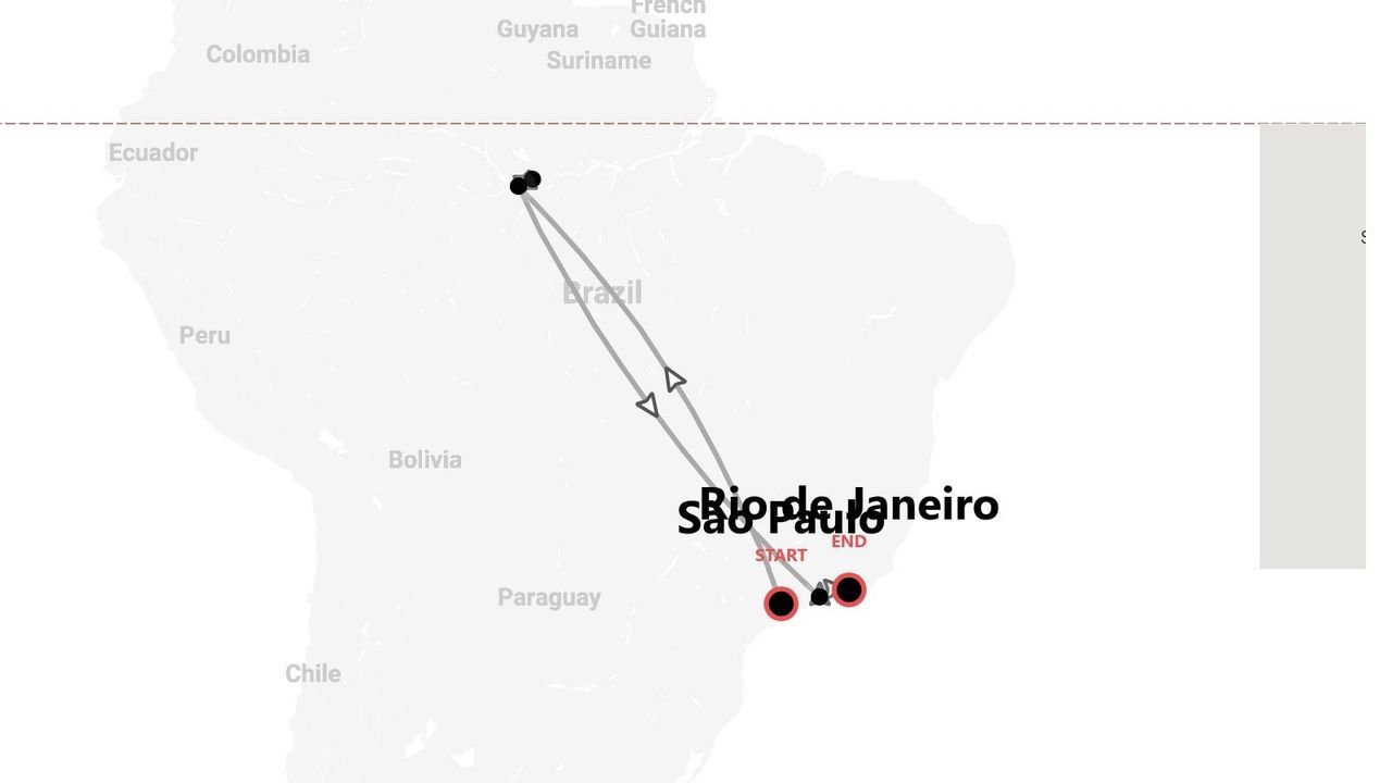 Brasilien-Karte mit Reiseroute: Start bei São Paulo und Rio de Janeiro, führt nordwestlich und zurück.
