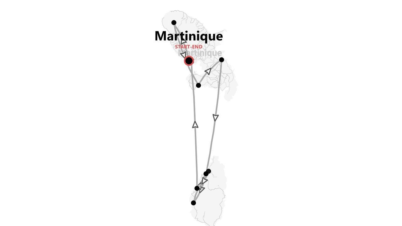 Mappa della Martinica con itinerario di viaggio e punti di partenza e arrivo.