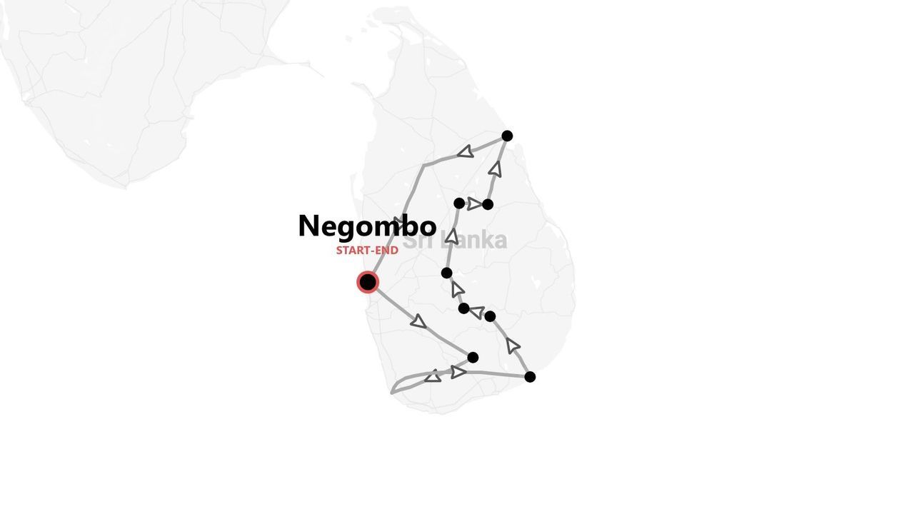 Mappa itinerario dello Sri Lanka che mostra un percorso di viaggio circolare con diverse tappe, con partenza e arrivo nella città di Negombo.