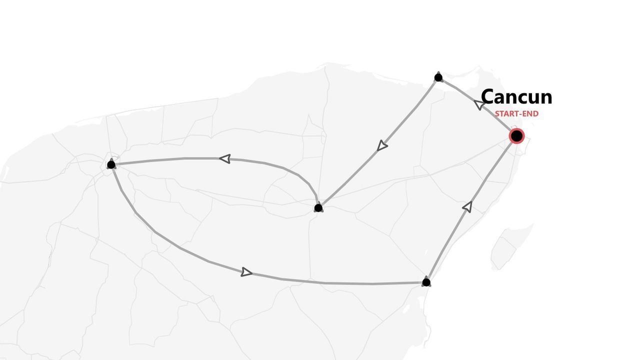 Una mappa che mostra un itinerario turistico con un percorso circolare che inizia e finisce a Cancun, Messico.
