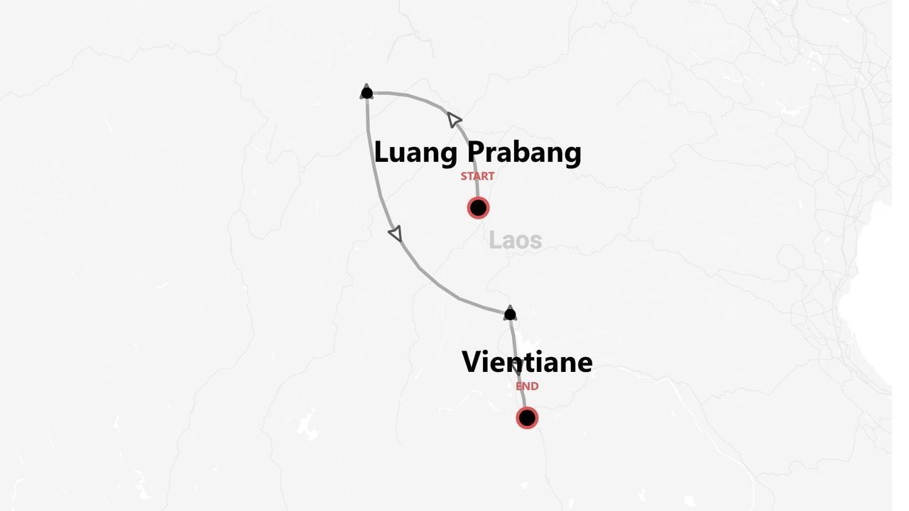 Una mappa illustrata di un itinerario di viaggio in Laos, con inizio a Luang Prabang e termine a Vientiane.