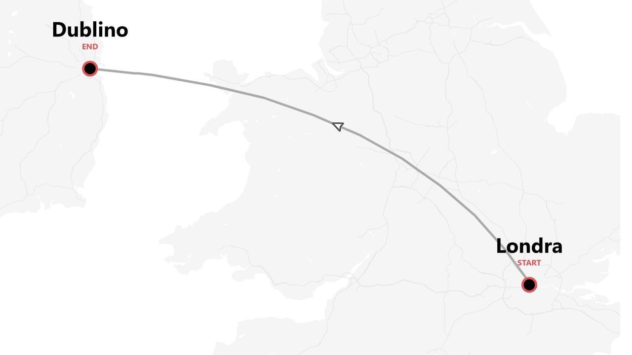 Una mappa che mostra un itinerario di viaggio con partenza da Londra e arrivo a Dublino.