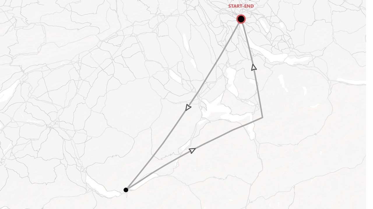 A stylized map showing a triangular travel itinerary with a single red 'START-END' point and directional arrows.