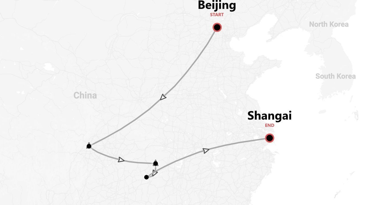 Una mappa che mostra l'itinerario di viaggio in Cina, con partenza da Pechino e arrivo a Shanghai.