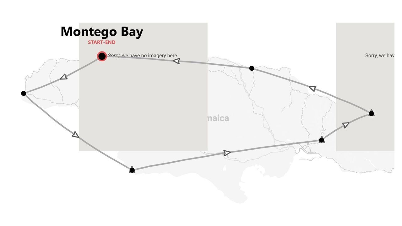 Carte d'un itinéraire de circuit en Jamaïque, présentant un parcours circulaire qui débute et s'achève à Montego Bay.