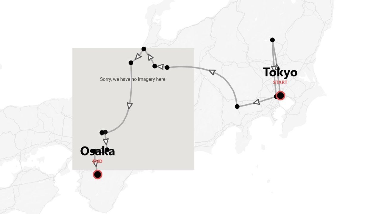 Una mappa stilizzata di un itinerario di viaggio attraverso il Giappone, con partenza da Tokyo e arrivo a Osaka.