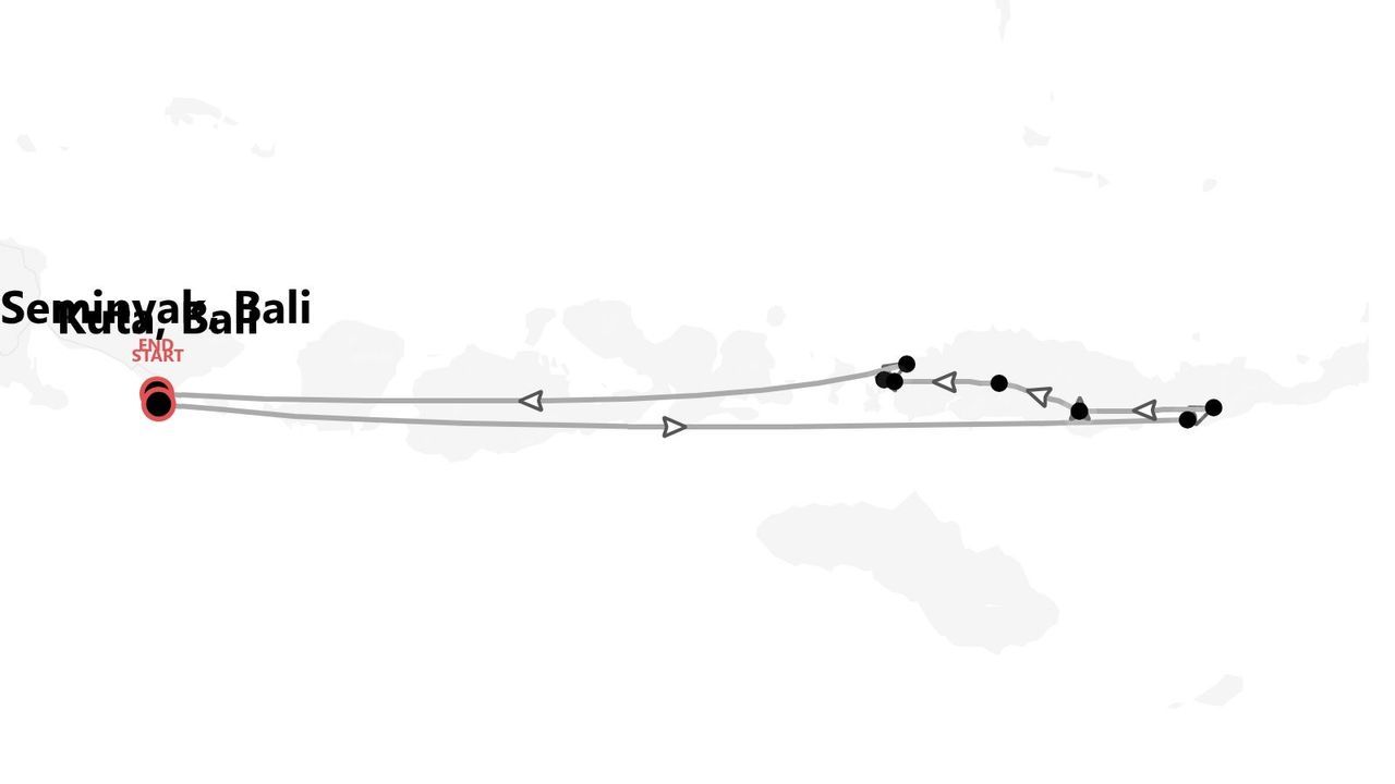 Eine Karte mit einer Bali-Rundreise, die in Seminyak beginnt und endet, inklusive eingezeichneter Wegpunkte.