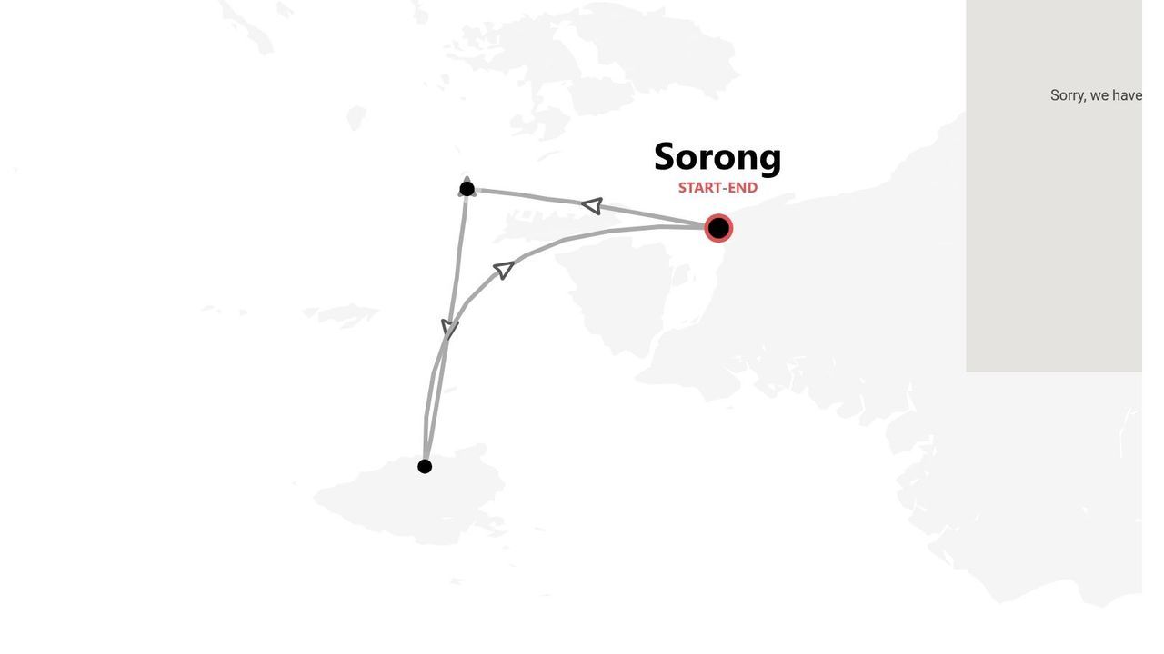 Una mappa stilizzata che mostra un itinerario di viaggio che inizia e finisce nella città di Sorong.