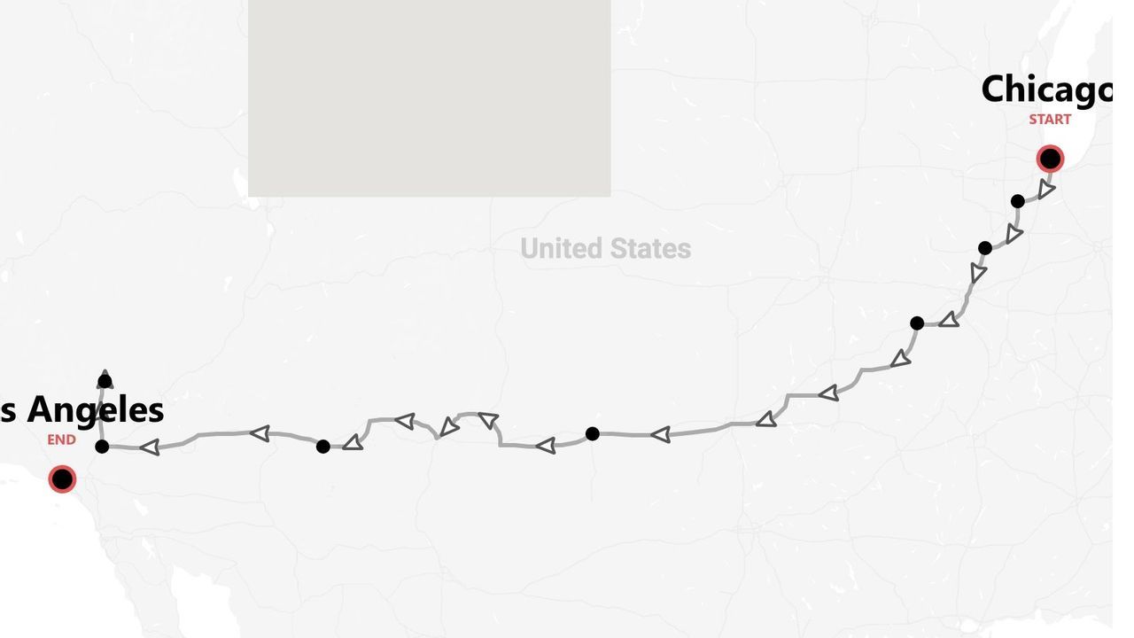 A map showing a road trip route across the United States, starting in Chicago and ending in Los Angeles.